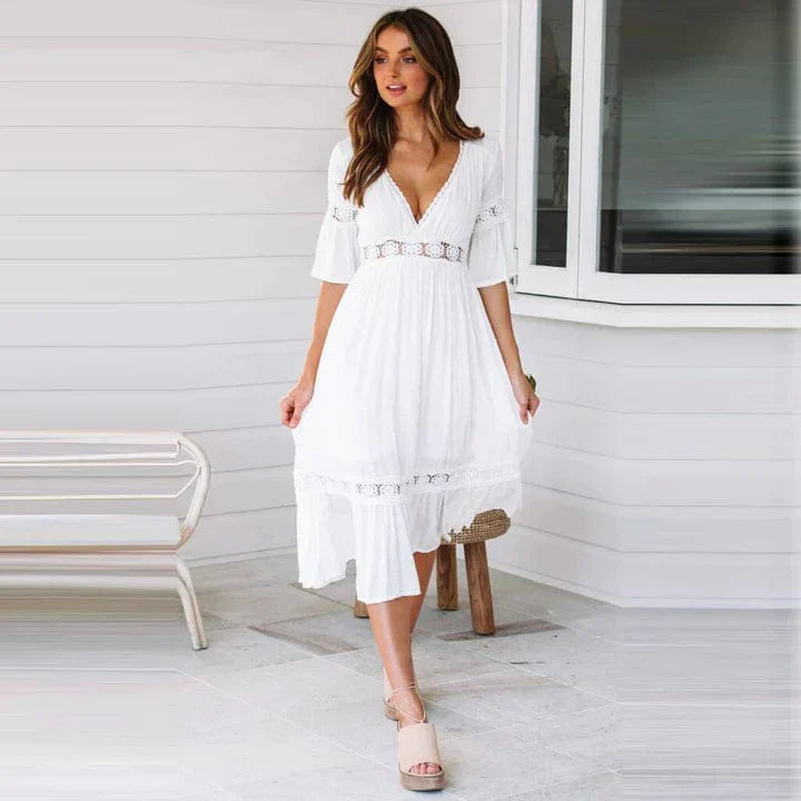 Bohemian V-Neck Midi Summer Dress for Women – Effortless Style 1