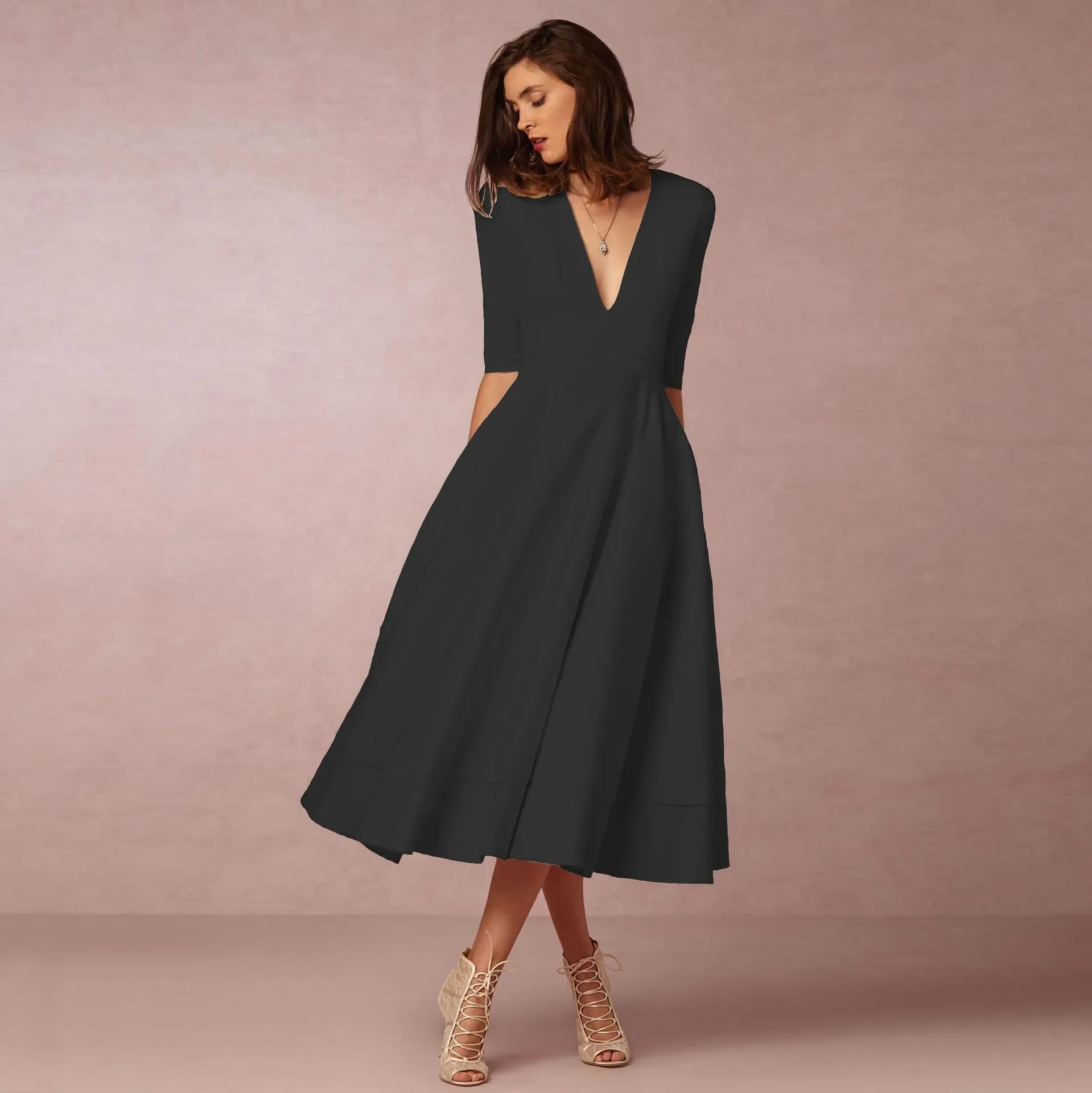 Elegant Black Midi Evening Dress - Formal Wedding Guest Gown 4