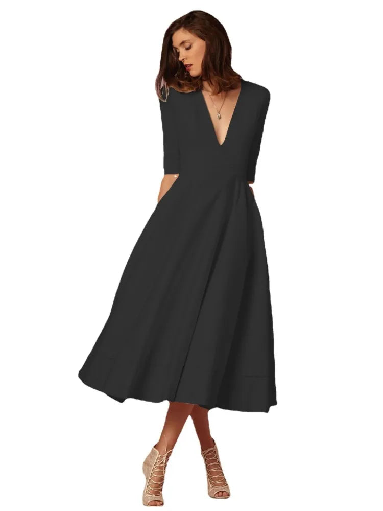 Elegant Black Midi Evening Dress - Formal Wedding Guest Gown 8