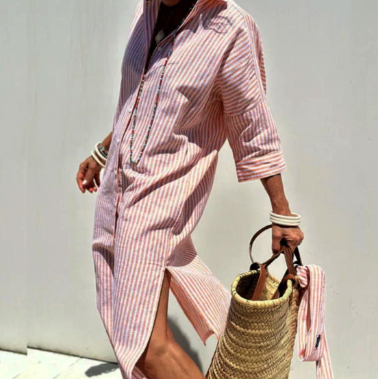 Elegant Long-Sleeved Striped Maxi Dress for Women 0