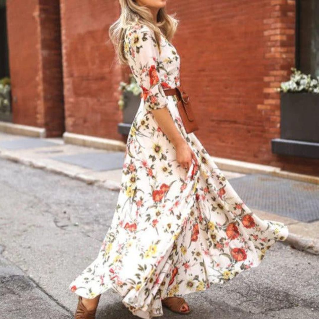 Elegant Maxi Dress with 3/4 Sleeves and Waist Belt for Women 2