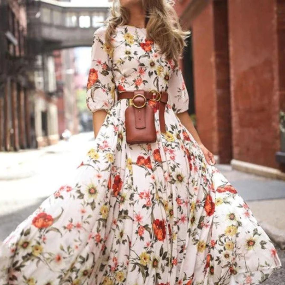 Elegant Maxi Dress with 3/4 Sleeves and Waist Belt for Women 4