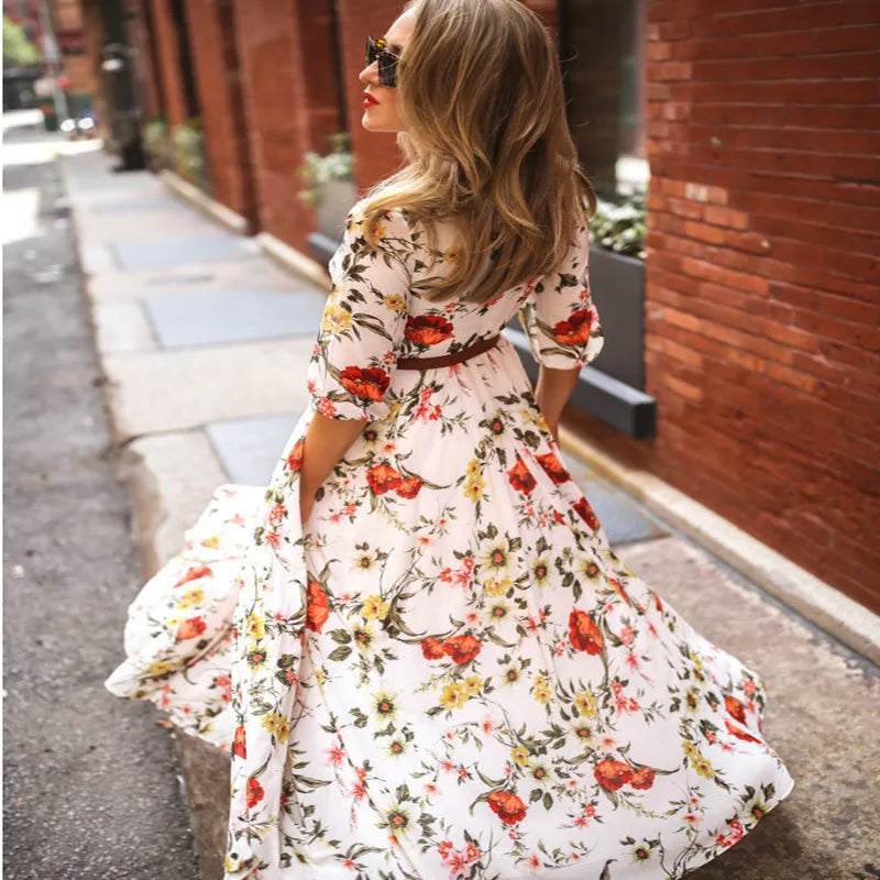 Elegant Maxi Dress with 3/4 Sleeves and Waist Belt for Women 5