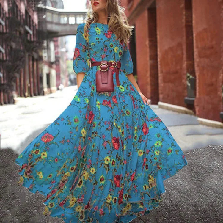 Elegant Maxi Dress with 3/4 Sleeves and Waist Belt for Women 6