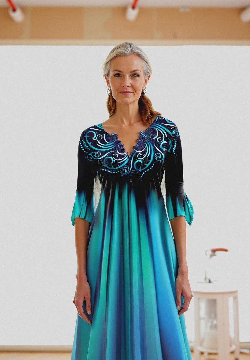 Elegant Midi Dress with 3/4 Sleeves and Color Gradient 1