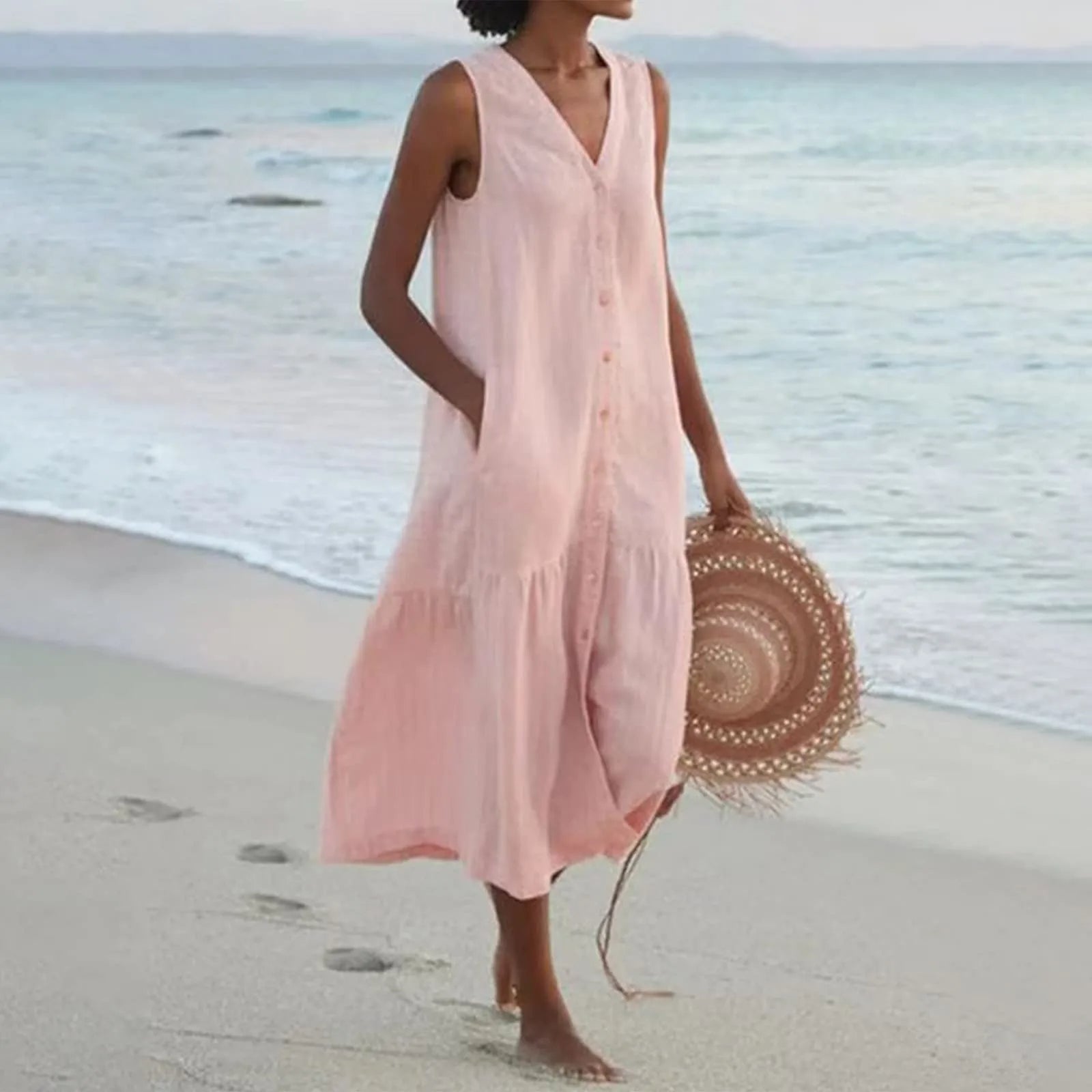 Elegant Midi Summer Dress with Button Placket for Women 1