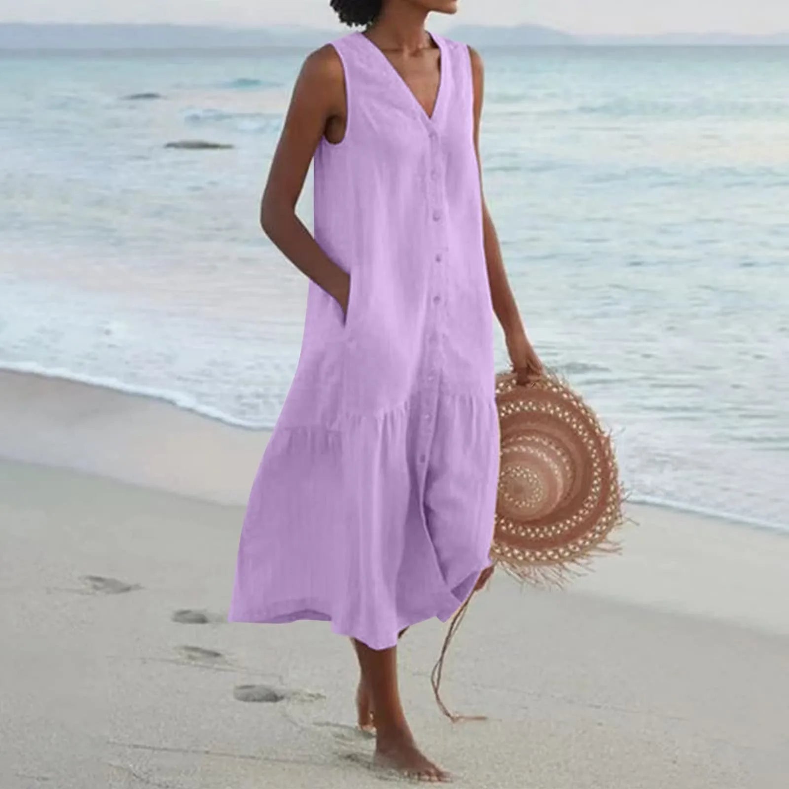 Elegant Midi Summer Dress with Button Placket for Women 4