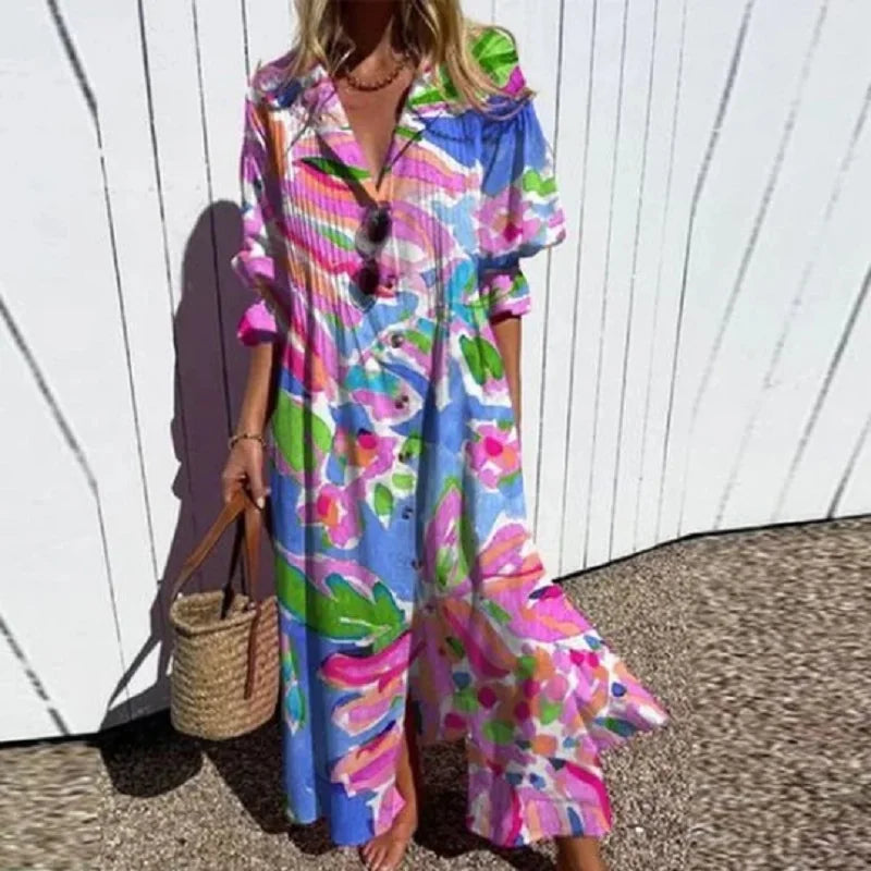 Elegant Women's Boho Maxi Dress with V-Neck for Summer 2