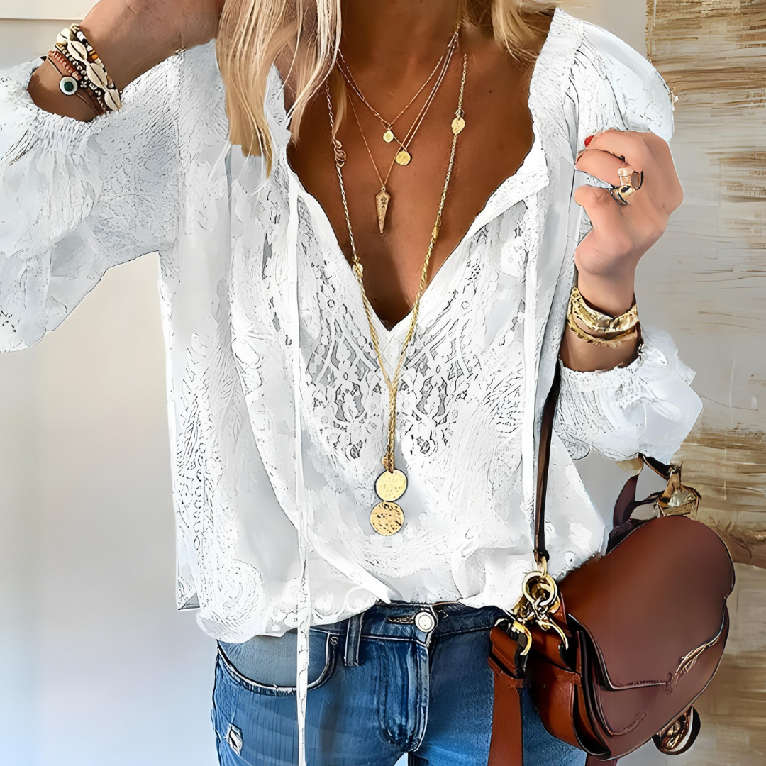 Elegant Womens Blouse with Slit Neckline - Boho Style 1