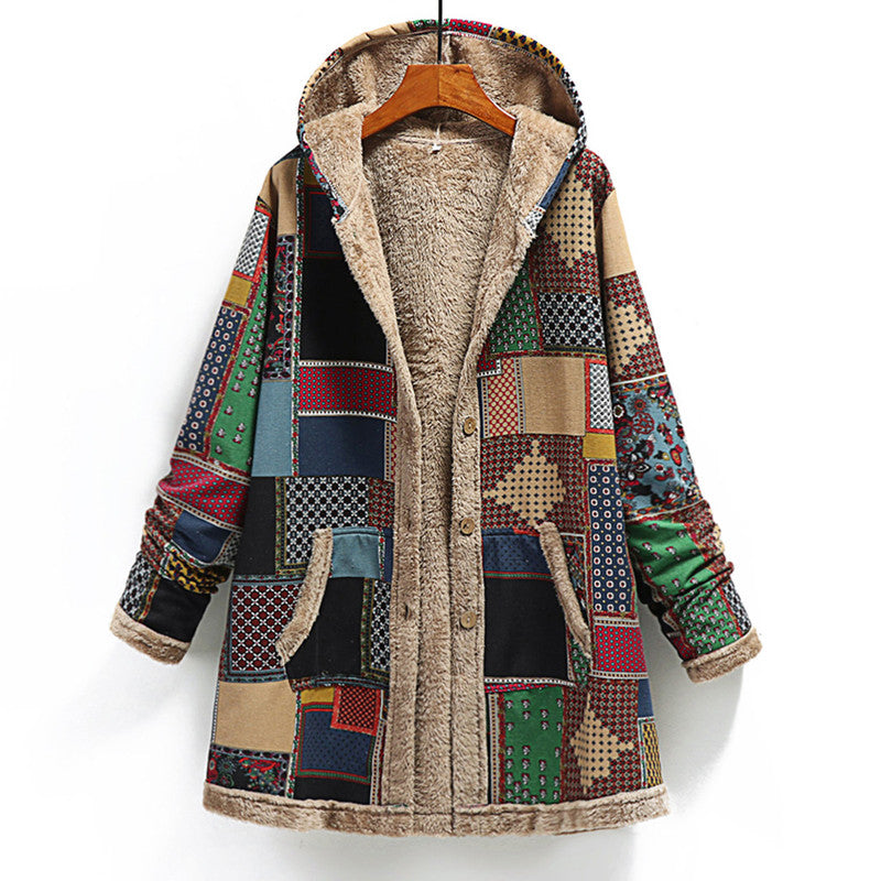 Women's Hooded Long Sleeve Jacket – Multicolor Patchwork with Button Placket Coats & Jackets