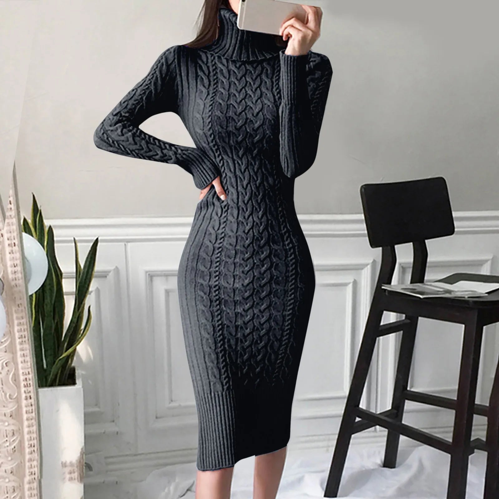 Women's Cable Knit Black Dress - Elegant Formal Sweater Dress 2