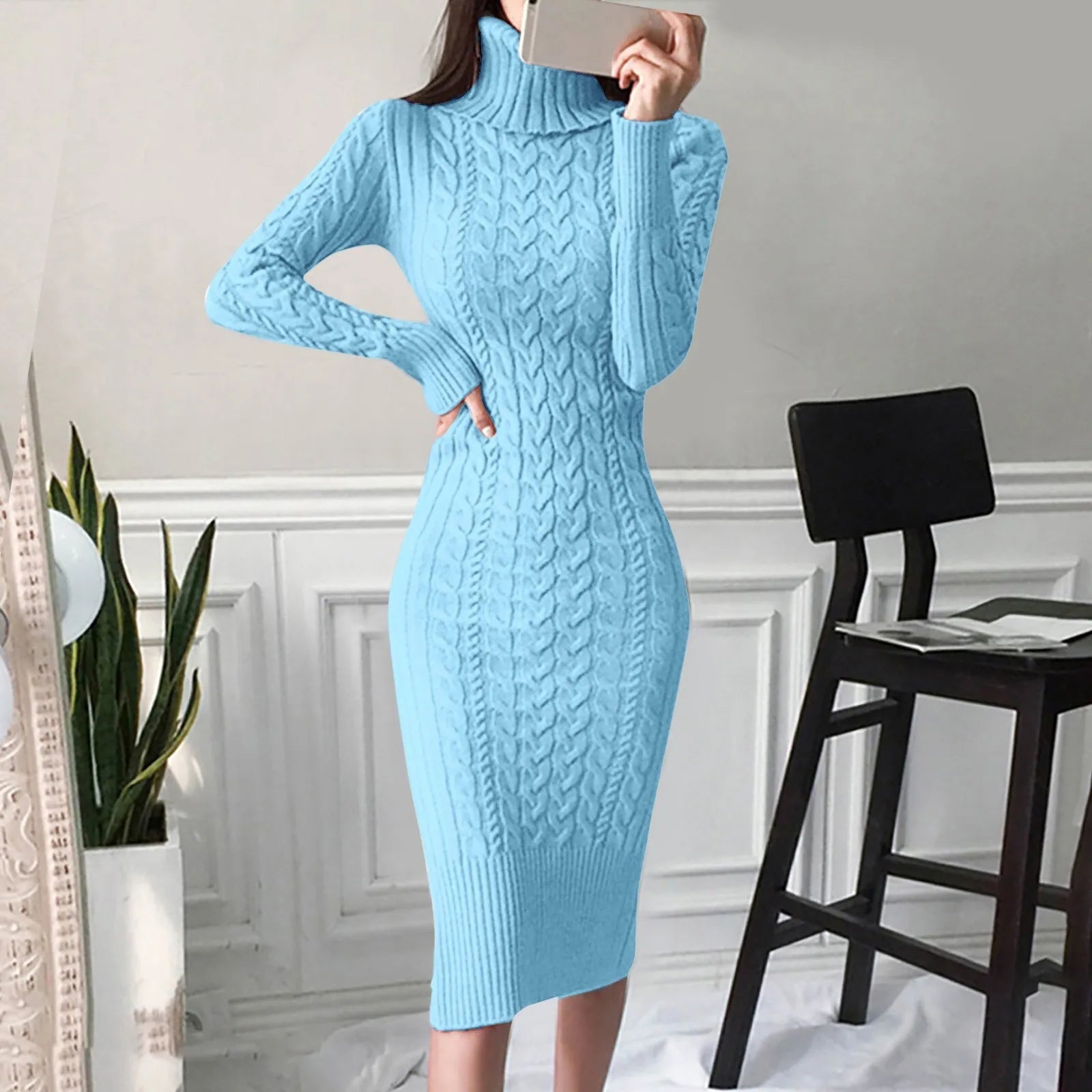 Women's Cable Knit Black Dress - Elegant Formal Sweater Dress 3