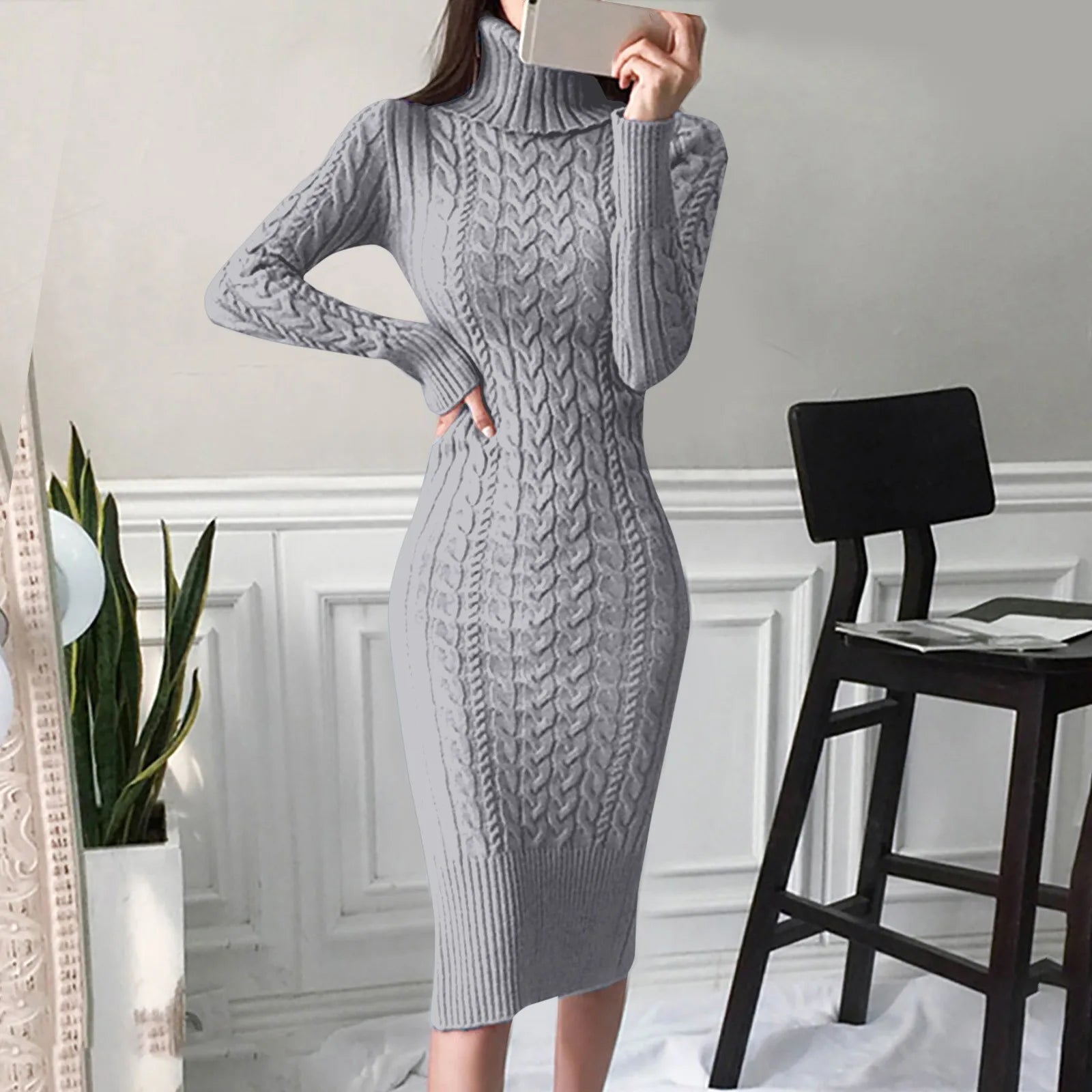 Women's Cable Knit Black Dress - Elegant Formal Sweater Dress 4