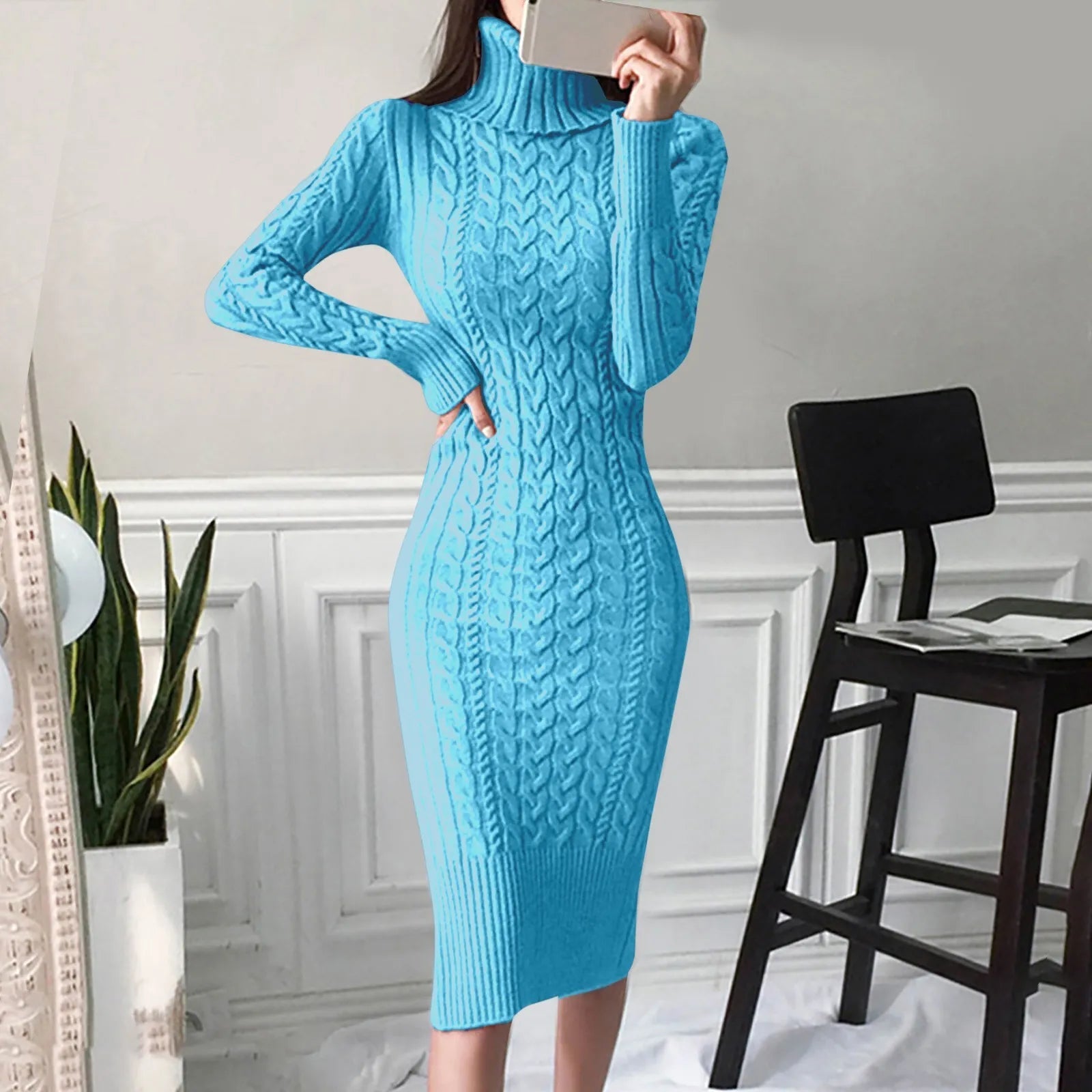 Women's Cable Knit Black Dress - Elegant Formal Sweater Dress 7