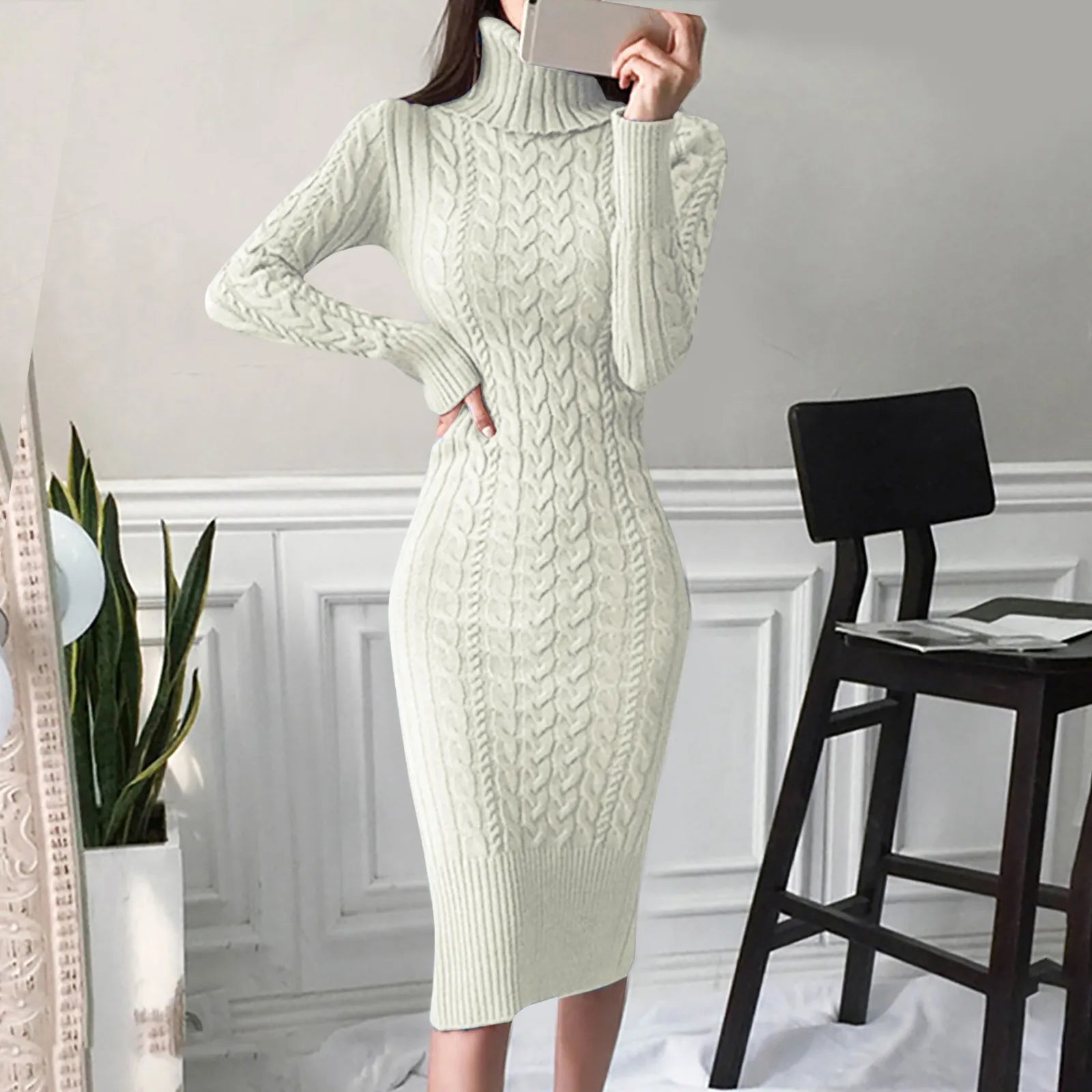 Women's Cable Knit Black Dress - Elegant Formal Sweater Dress 8