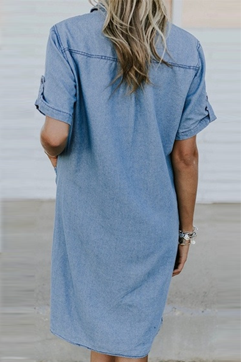 Women's Denim Midi Dress - Short Sleeve Summer Style with Pockets 2