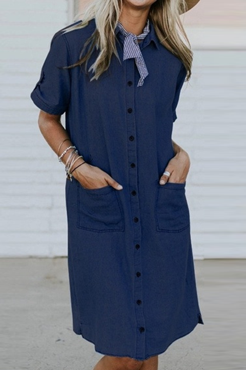 Women's Denim Midi Dress - Short Sleeve Summer Style with Pockets 4