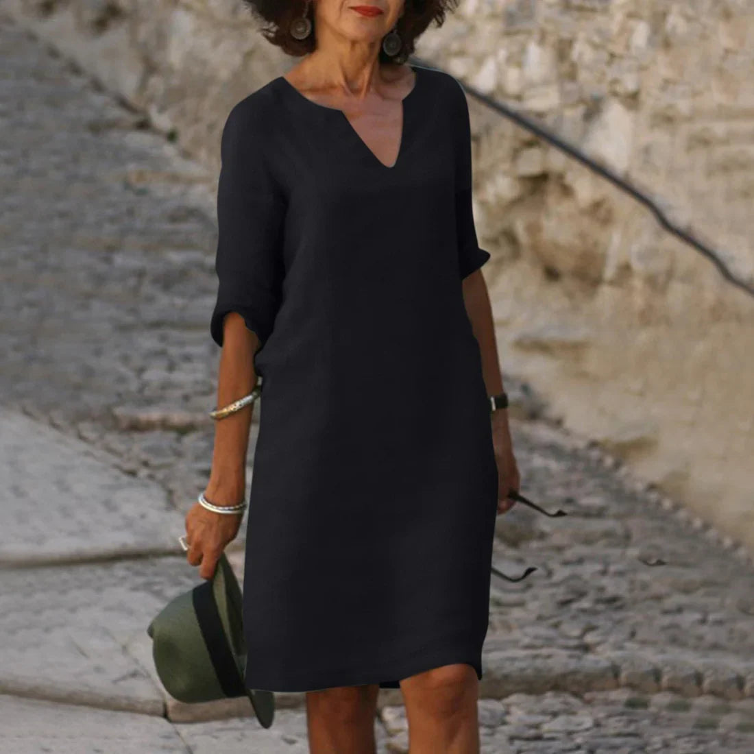 Women's Mini Dress Black V Neck 3/4 Sleeve 1