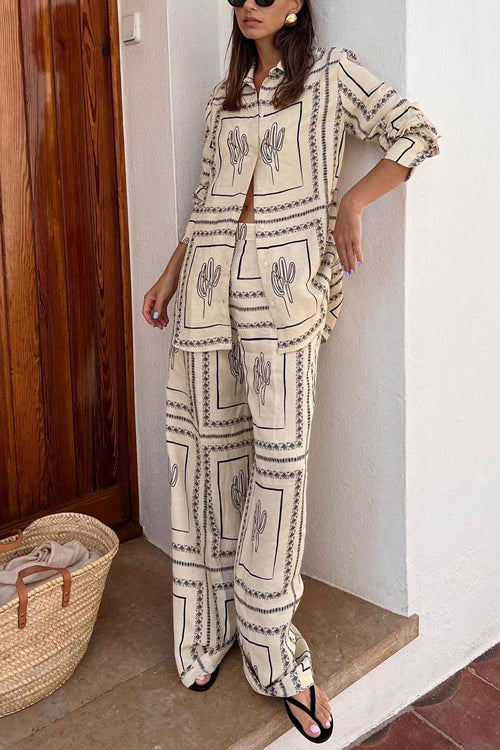 Annabelle™️ | Cactus Print Lapel Long Sleeves Shirt Elastic Waist Wide Leg Pants Set