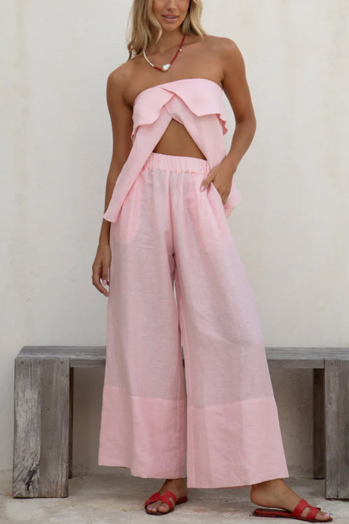 Anna™️ | Strapless Ruffle Slit Top Elastic Waist Wide Leg Pants Set