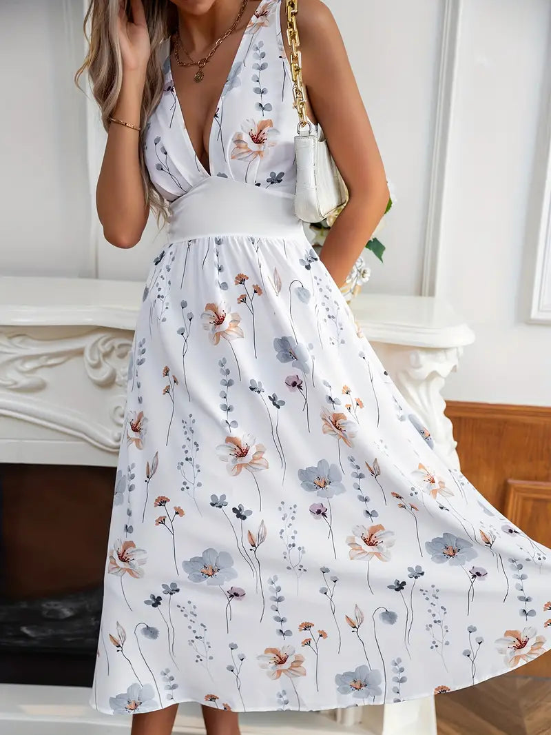 Chic Floral Print V-Neck Midi Dress for Women - Elegant Style