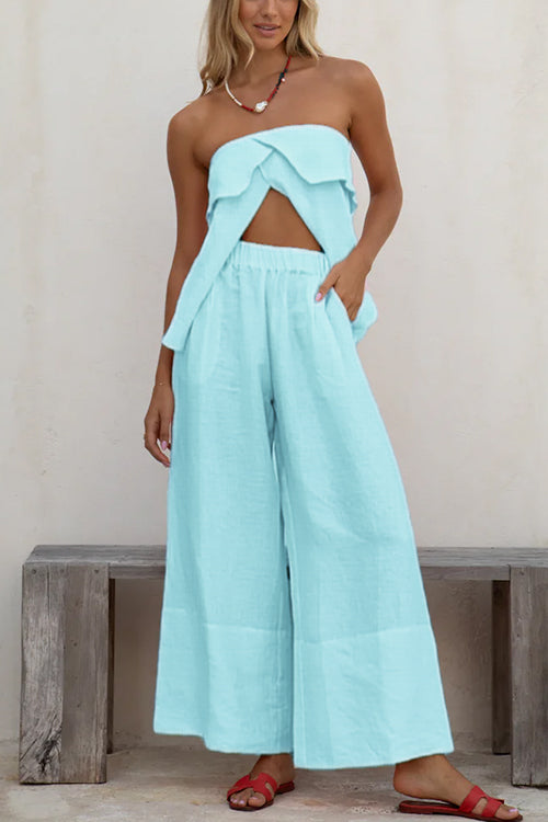 Anna™️ | Strapless Ruffle Slit Top Elastic Waist Wide Leg Pants Set