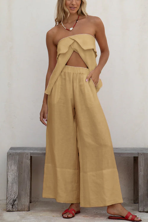 Anna™️ | Strapless Ruffle Slit Top Elastic Waist Wide Leg Pants Set