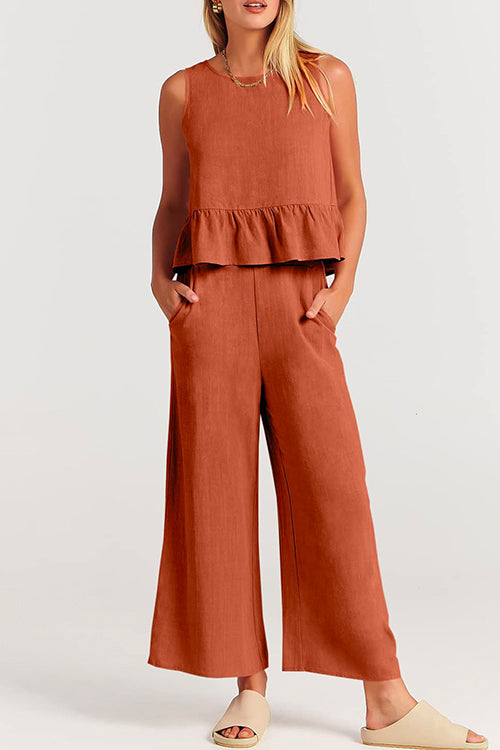 Alexa™️ | Crewneck Ruffle Tank Top Wide Leg Pockets Pants Set