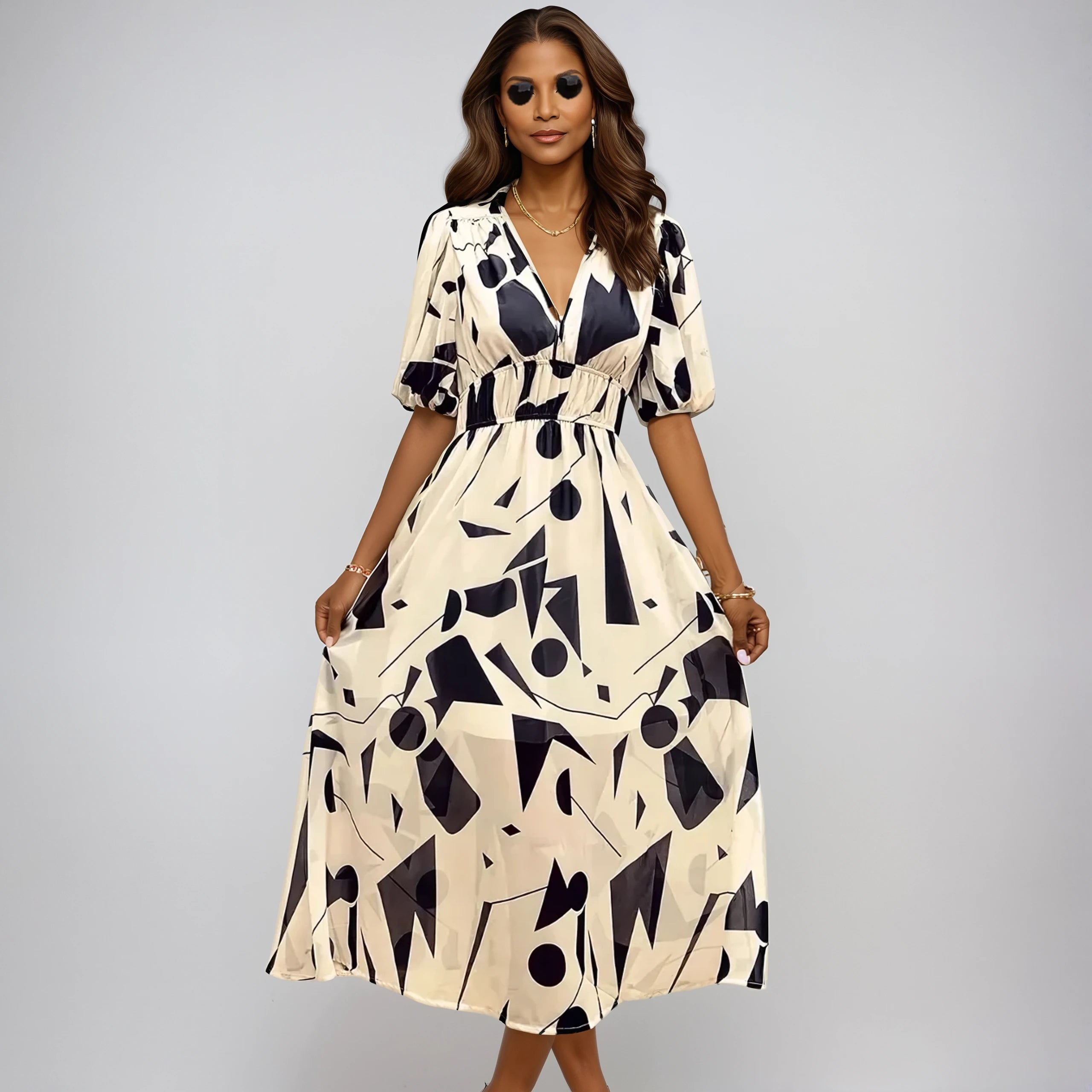 Leona™ | Timeless Puff-Sleeve Midi Dress