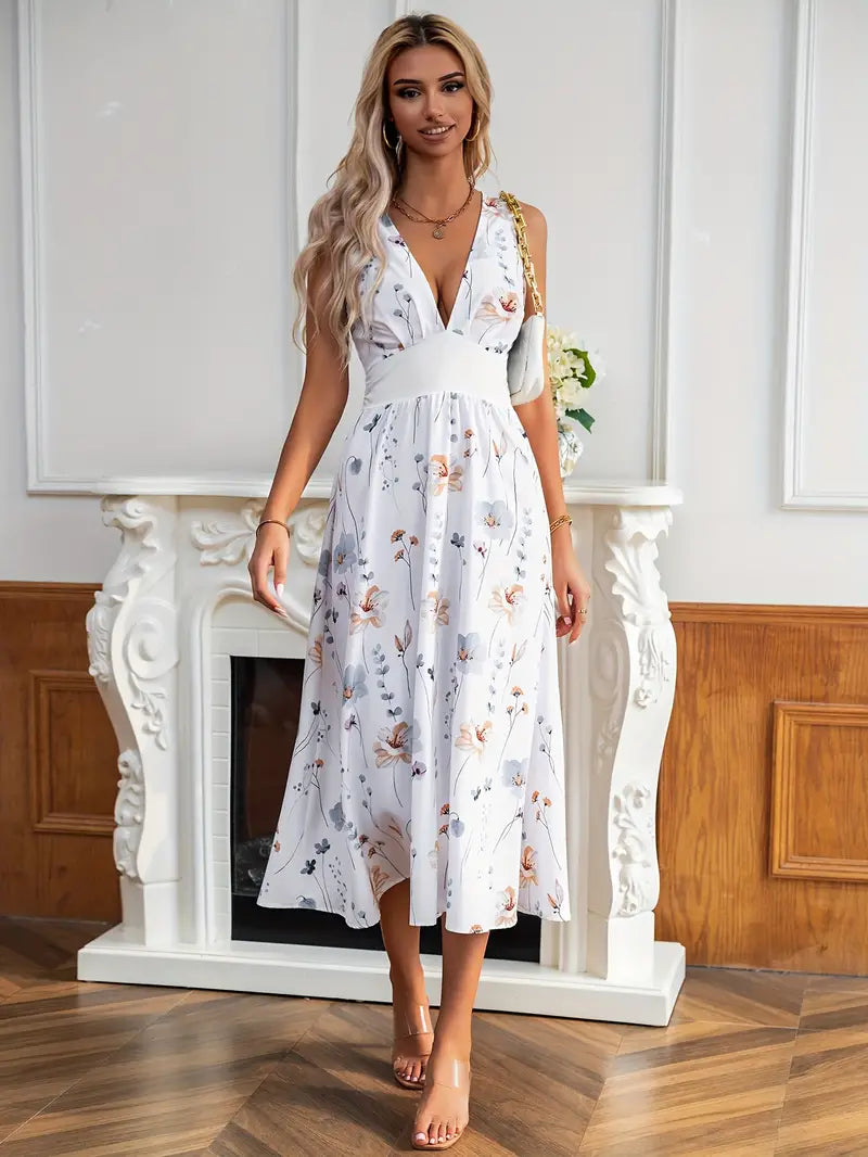 Chic Floral Print V-Neck Midi Dress for Women - Elegant Style