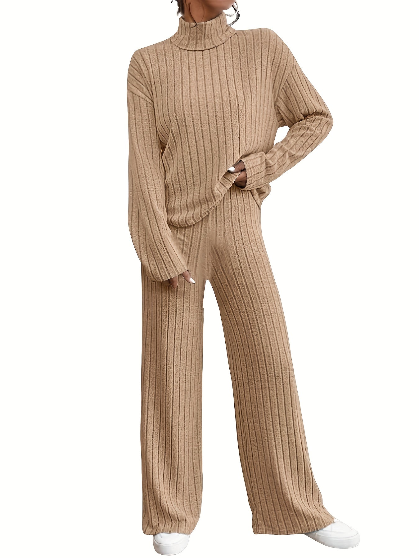 Chic Women's Turtleneck & Flared Pants Set - Stylish & Versatile