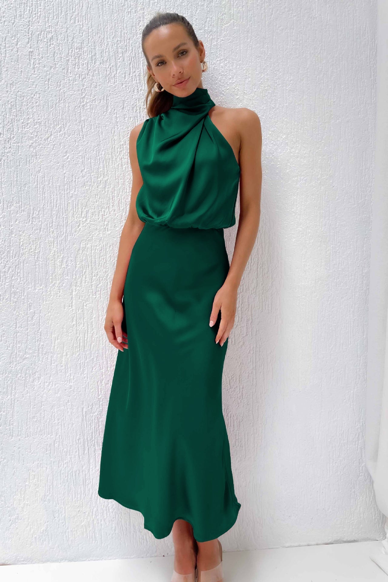 Elegant Satin Long Dress for Women with High Neck - Timeless Style