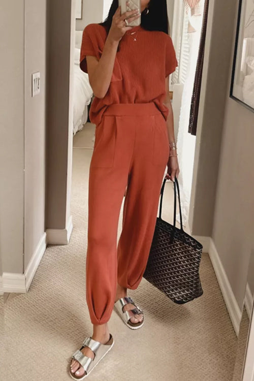 Allegra™️ | Short Sleeves Ribbed Knit Pullover Ruched Harem Pants Set