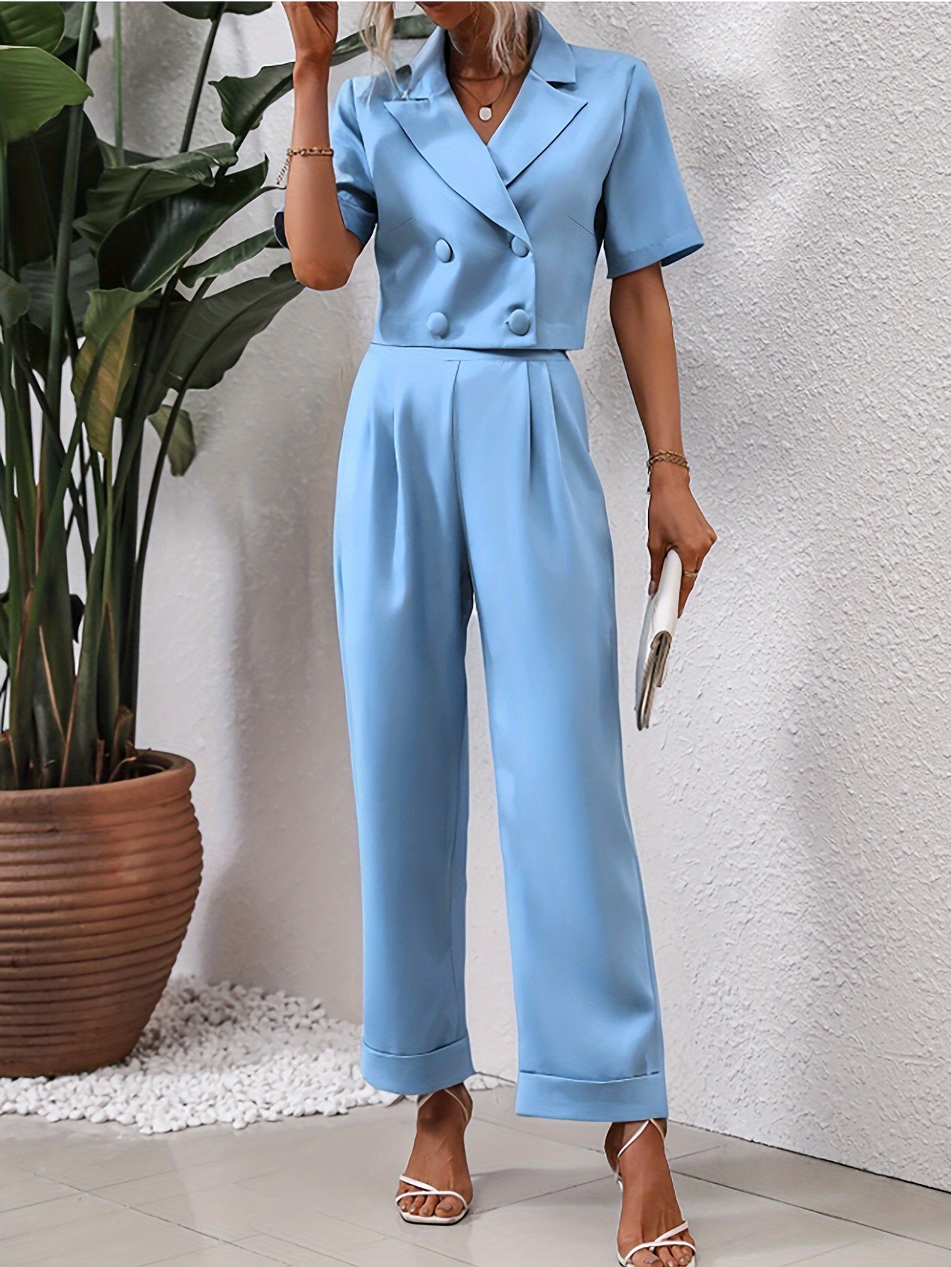 Chic Women's Blue Cropped Blazer & Pants Set - Stylish Elegance