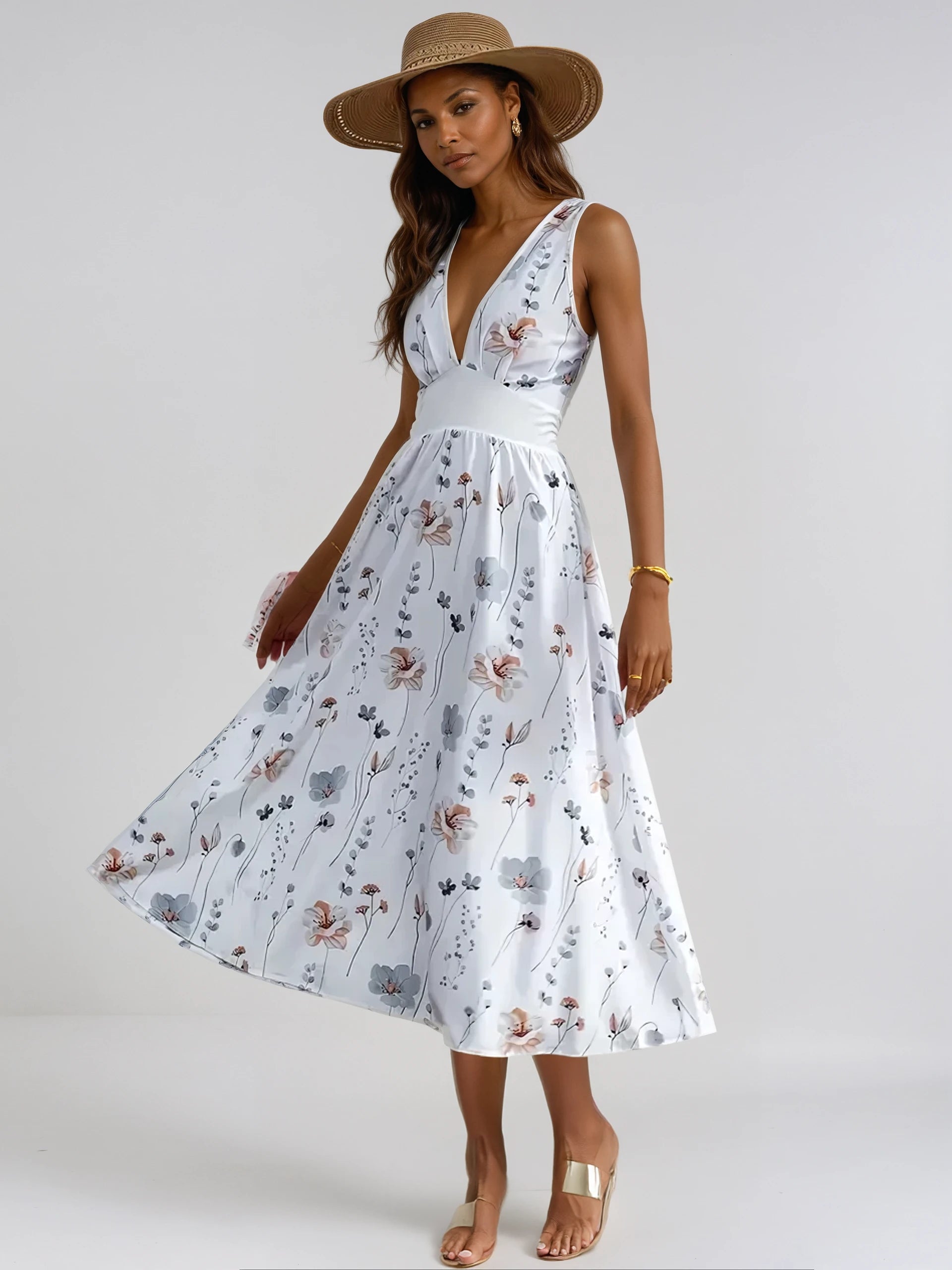 Chic Floral Print V-Neck Midi Dress for Women - Elegant Style