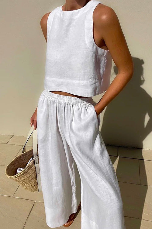 Alannah™️ | Solid Crewneck Crop Tank Top Elastic Waist Wide Leg Pants Set