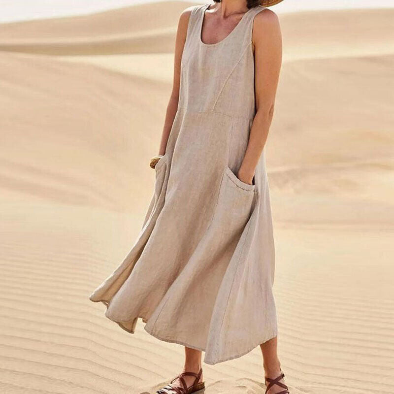 Chic Women's Midi Summer Dress with Circular Neckline 0