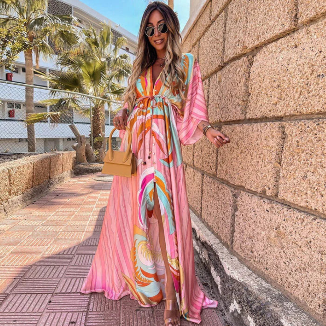 Colorful Floral Maxi Dress with V-Neck and Side Slit for Women 0