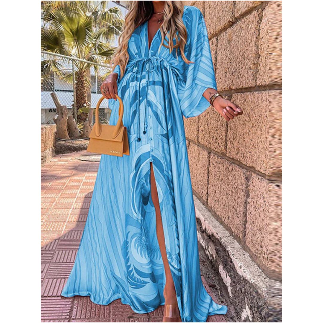 Colorful Floral Maxi Dress with V-Neck and Side Slit for Women 1