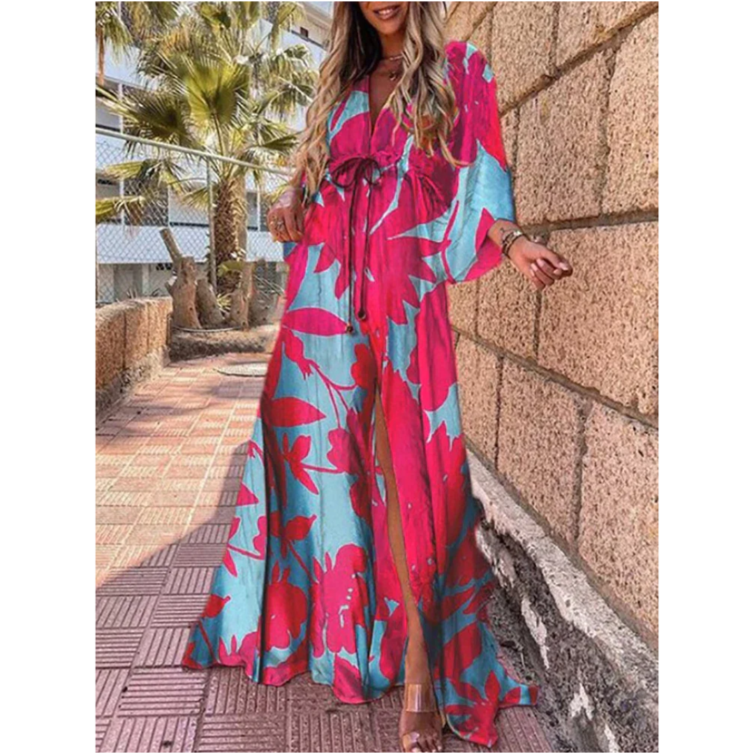 Colorful Floral Maxi Dress with V-Neck and Side Slit for Women 2