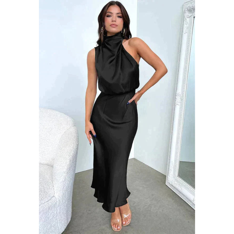 Elegant Halter Midi Evening Dress - Black Formal Evening Gown 0