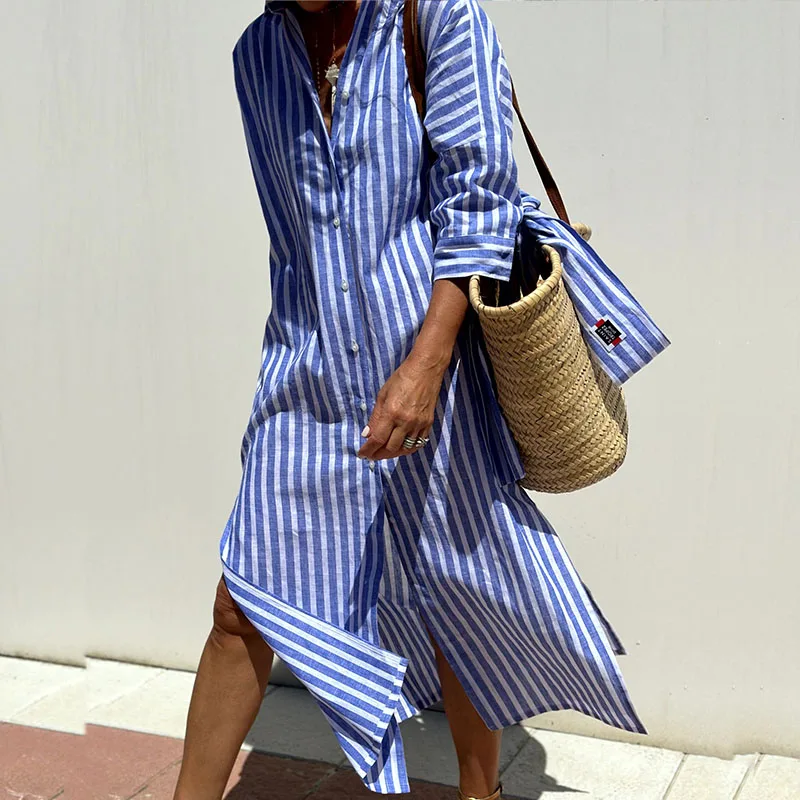 Elegant Long-Sleeved Striped Maxi Dress for Women 1