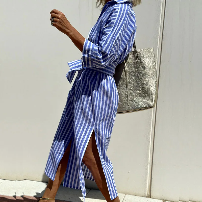 Elegant Long-Sleeved Striped Maxi Dress for Women 2