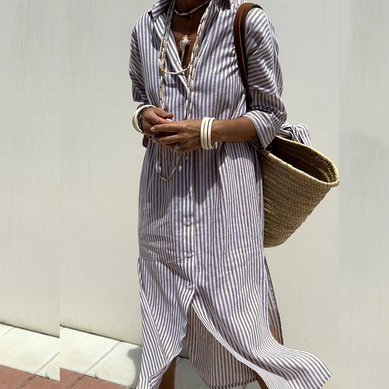 Elegant Long-Sleeved Striped Maxi Dress for Women 3