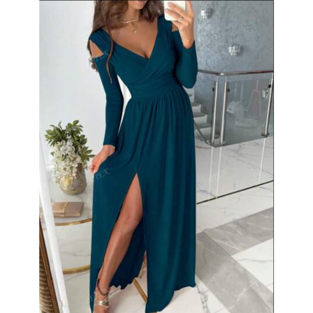 Elegant Long Sleeve Black Evening Dress with Slit for Women 0
