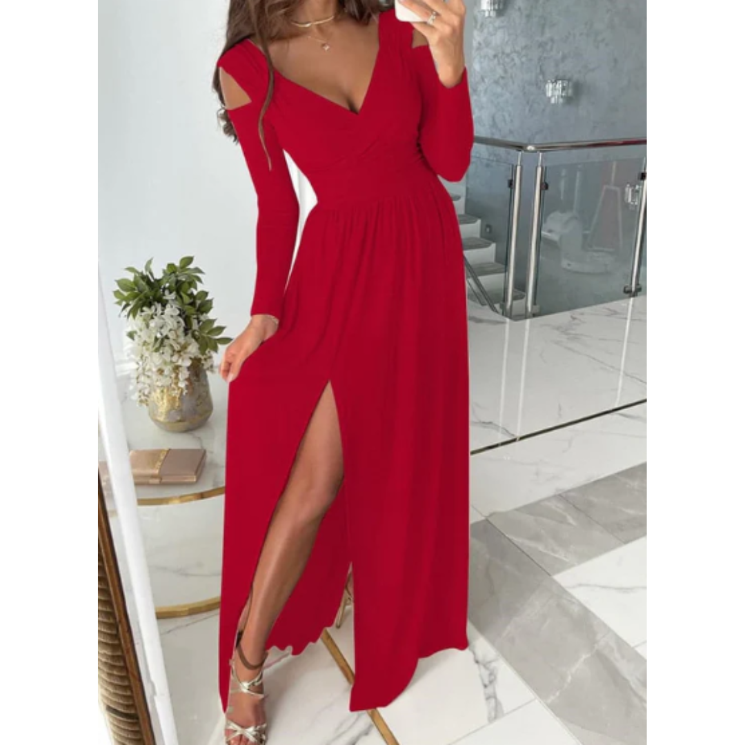 Elegant Long Sleeve Black Evening Dress with Slit for Women 1