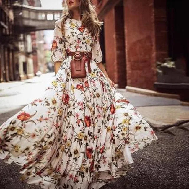 Elegant Maxi Dress with 3/4 Sleeves and Waist Belt for Women 0