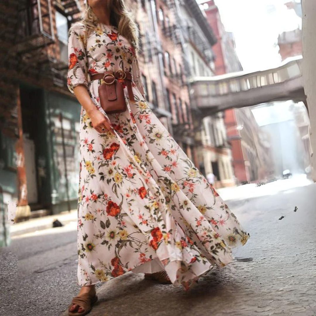 Elegant Maxi Dress with 3/4 Sleeves and Waist Belt for Women 3