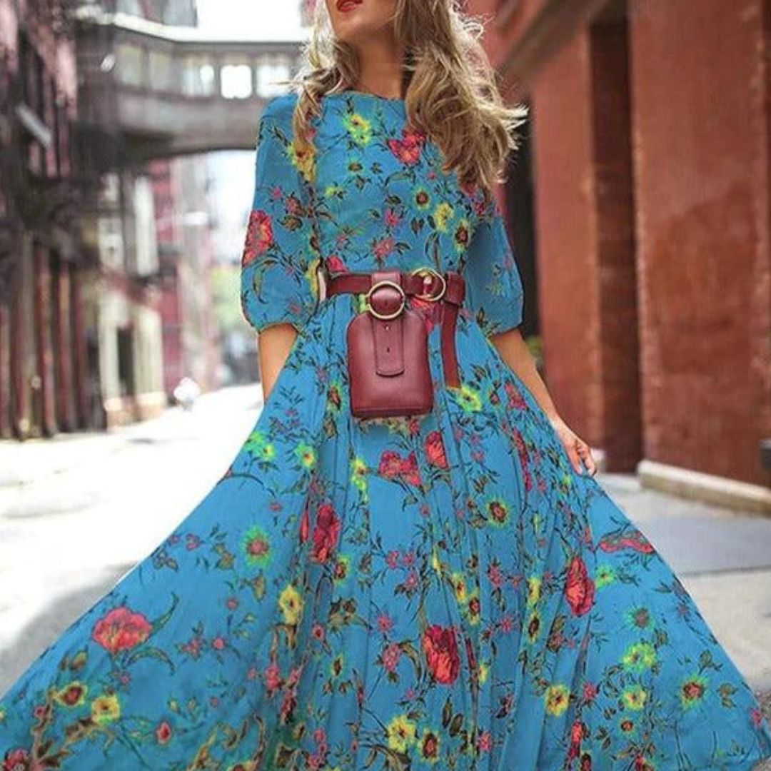 Elegant Maxi Dress with 3/4 Sleeves and Waist Belt for Women 7