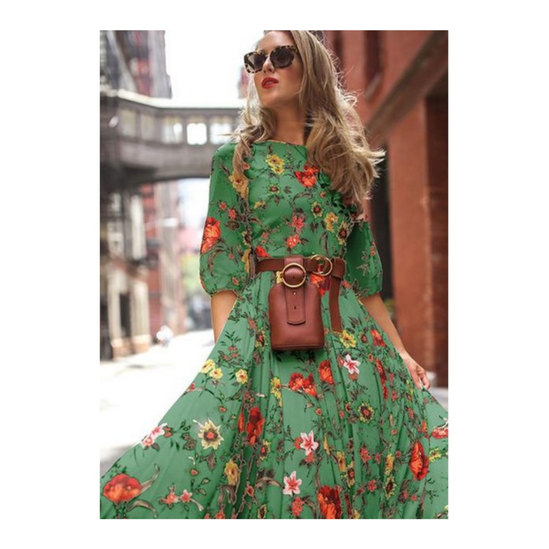 Elegant Maxi Dress with 3/4 Sleeves and Waist Belt for Women 8